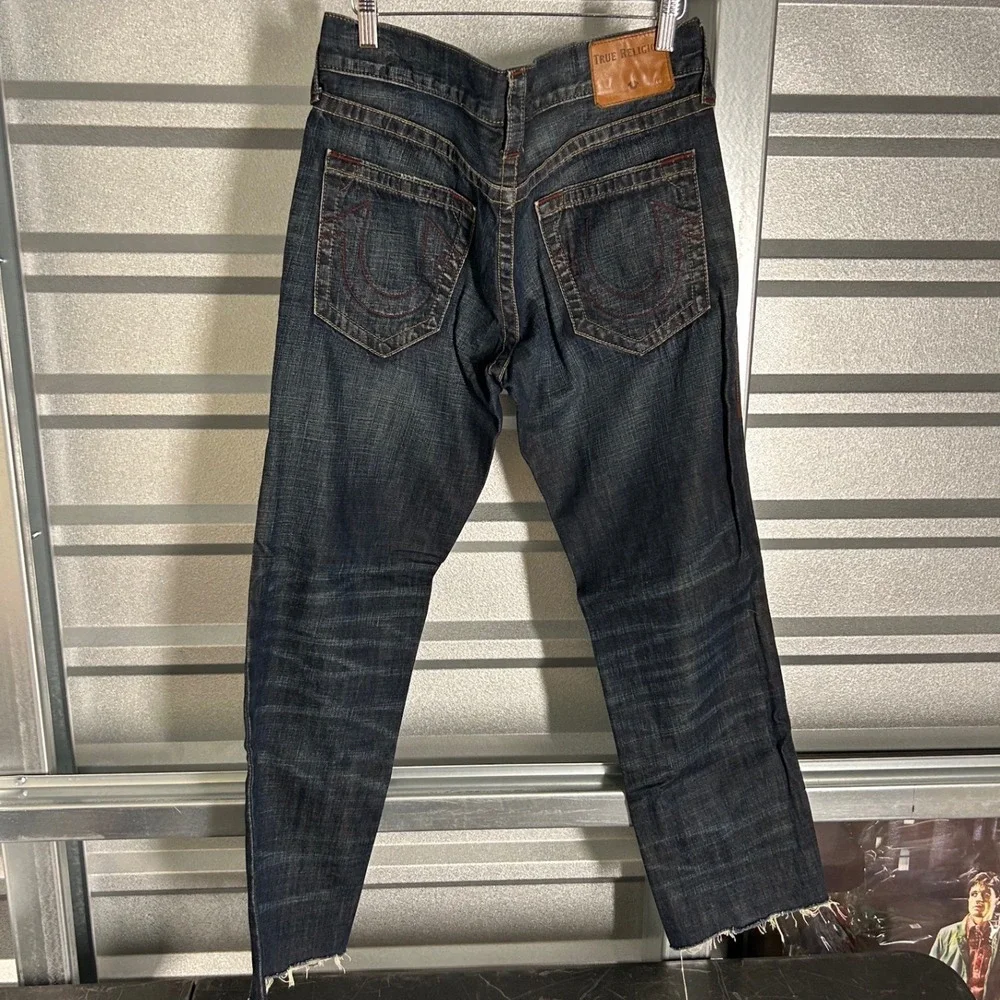 True Religion Geno Jeans Mens 30 Blue Relaxed Slim Dark Wash Raw Hem Streetwear